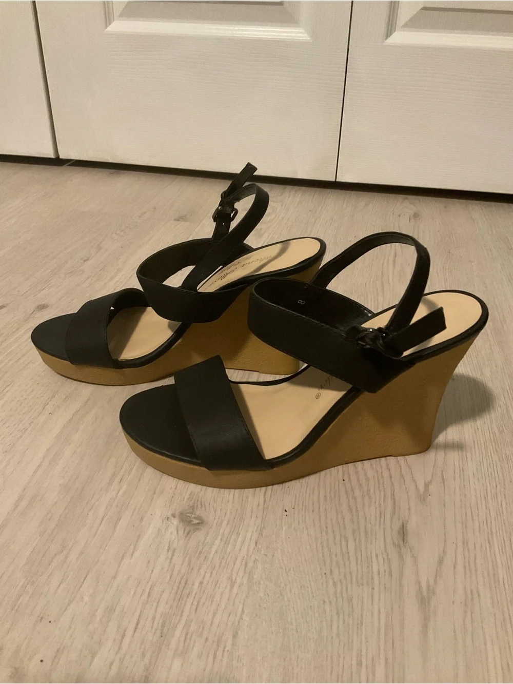 Athena Alexander Black Platform Wedge Sandals with Tan Platform